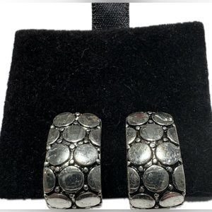 Vintage Clip On Earrings Pebble Engravings Textured Silver Tone Half Hoops